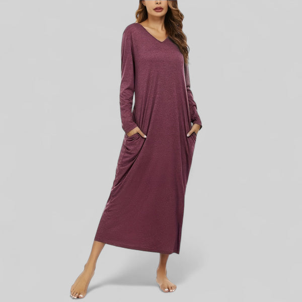 Robe de nuit longue à manches longues avec col en V et poches