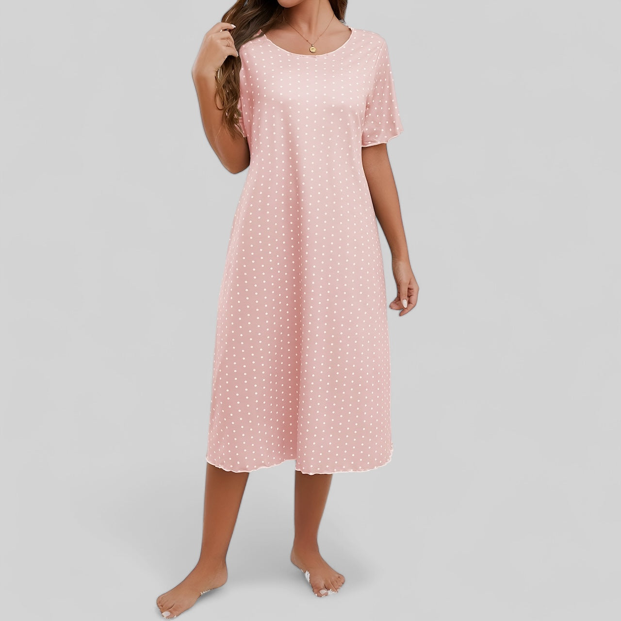 Robe de nuit midi à pois avec manches courtes - Rose / S