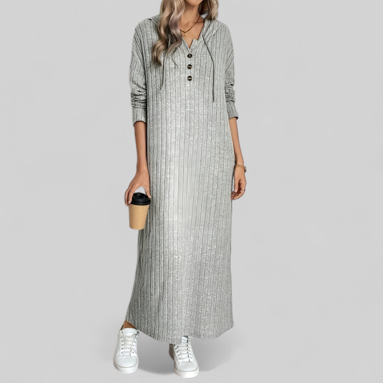 Robe longue en maille côtelée gris clair avec col