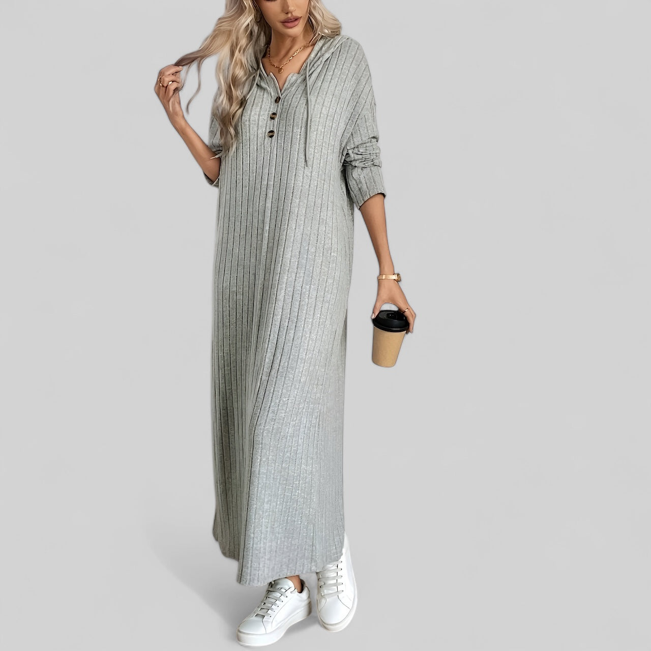 Robe longue en maille côtelée gris clair avec col