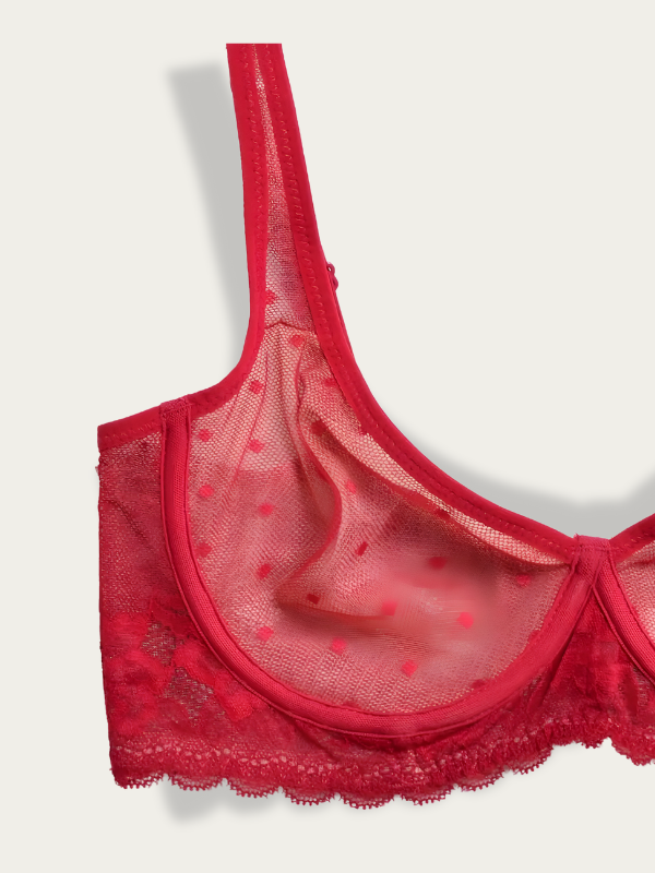 Soutien-gorge transparent rouge à pois armatures et dentelle