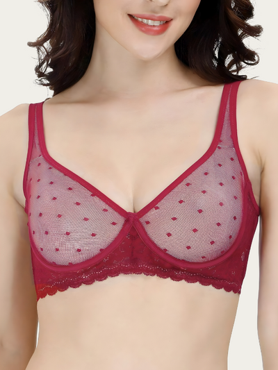 Soutien-gorge transparent rouge à pois armatures et dentelle