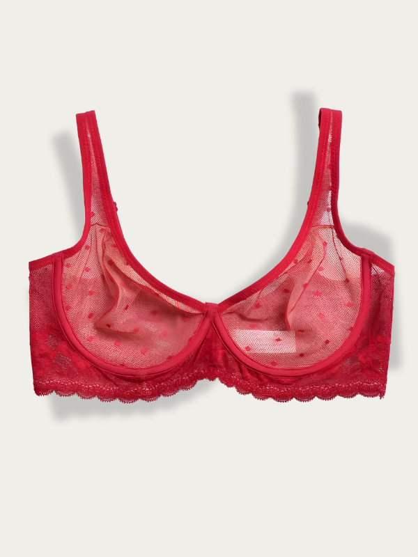 Soutien-gorge transparent rouge à pois armatures et dentelle