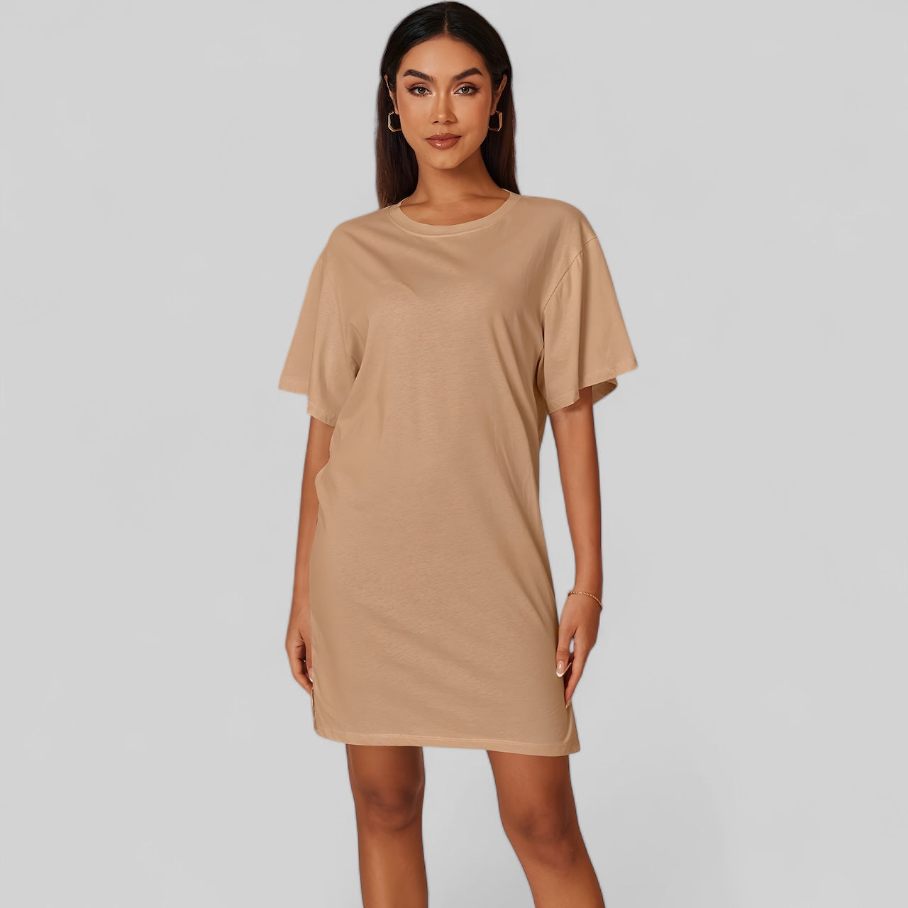 T-shirt robe gris clair en coton pour femme - Camel / S