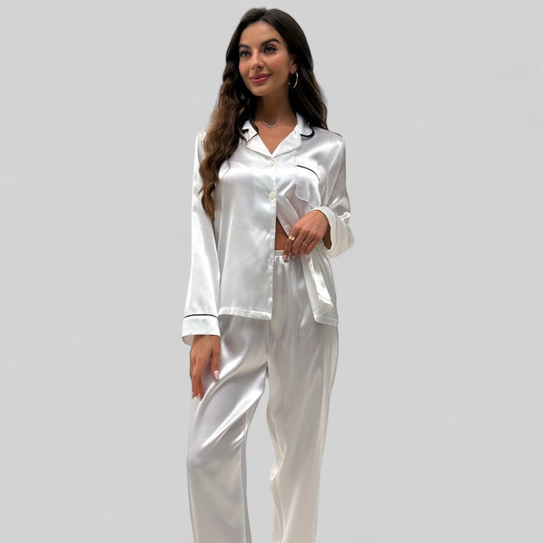Tenue de nuit - Pyjama en satin blanc pour femme avec chemise de nuit et pantalon élégant